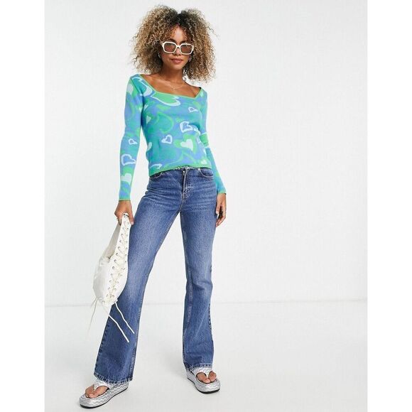 Asos Square Neck Sweater Women's 14 Blue‎ Bold Heart Print Knit Pullover Top - Picture 1 of 13